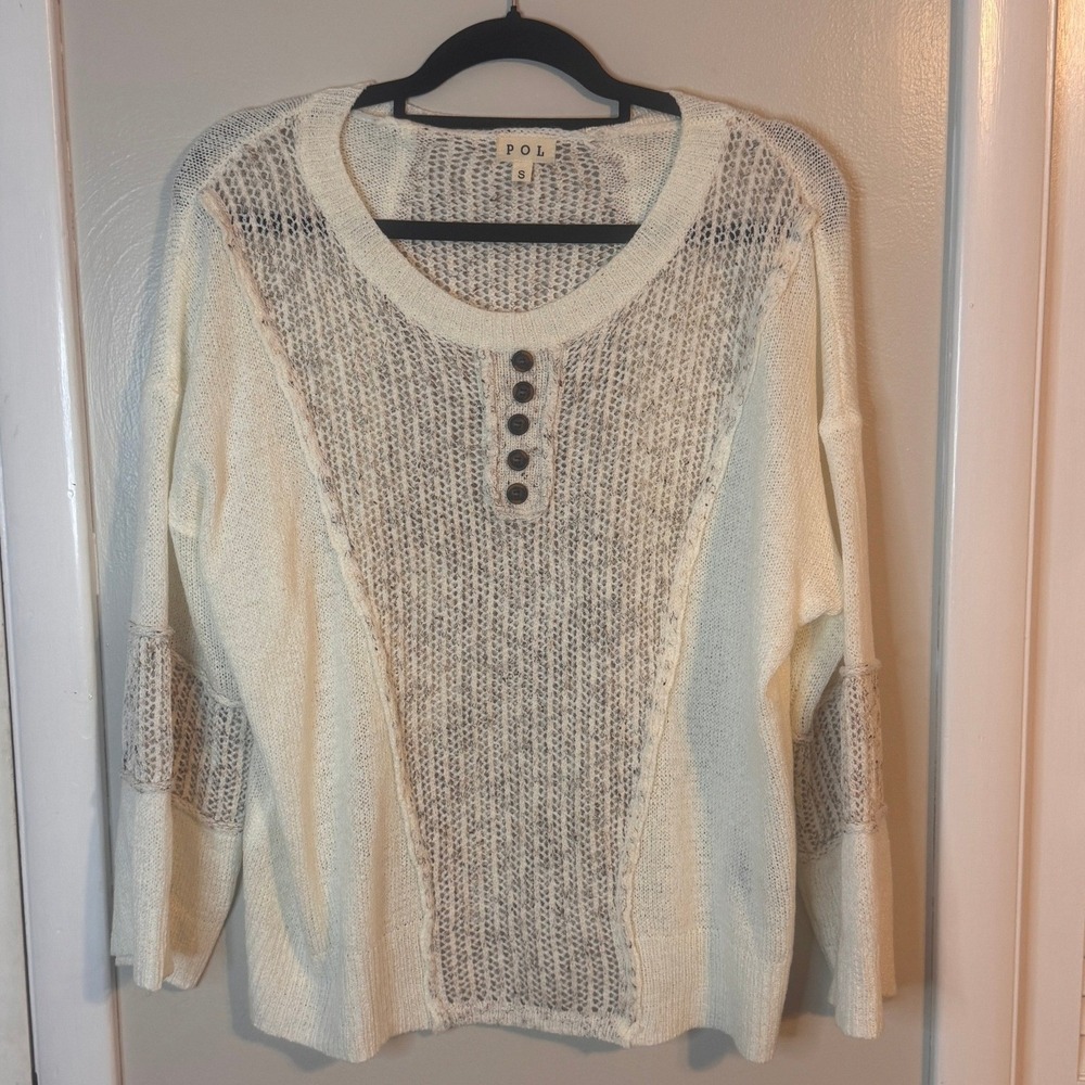 Pol Womens Button Neck Two-tone Knit Sweater SZ S